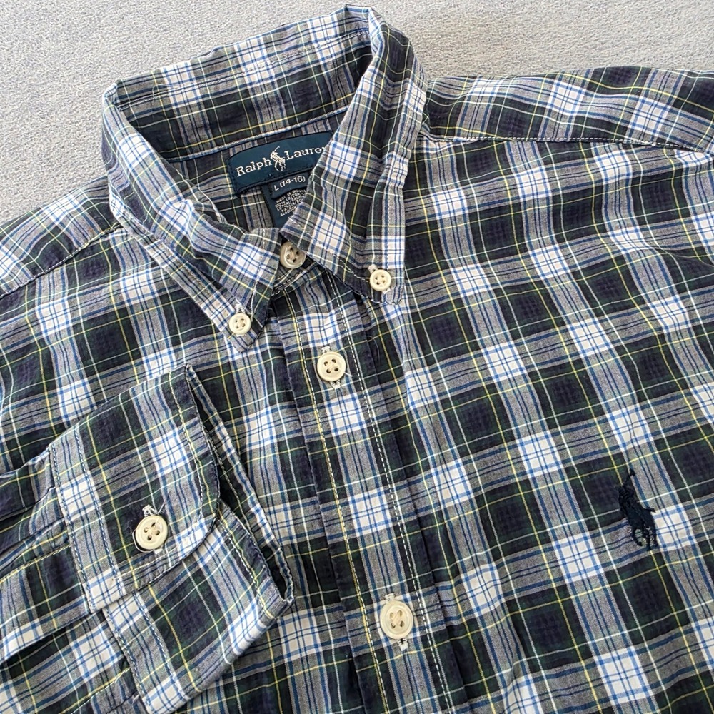 Ralph Lauren Kids Navy Blue Green Plaid Button Down Shirt L 14-16 Cotton Pony